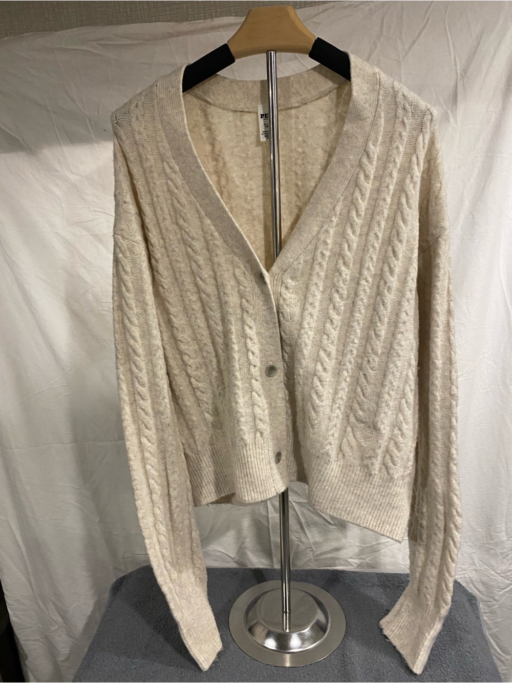 Pink Cream Cable-Knit V-Neck Button Cardigan Sweater